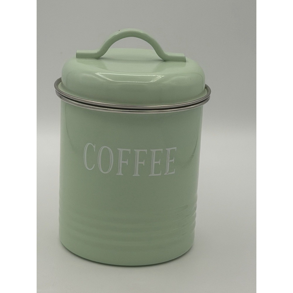 Petite Enamel Metal Kitchen Canister Light Green Farmhouse Rustic Storage Tin
